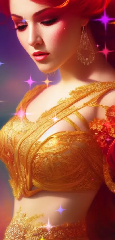 Red-haired woman in golden dress fantasy artwork for mobile wallpaper.