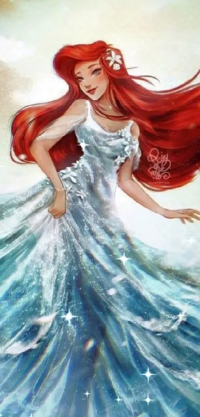 Enchanting mermaid with flowing red hair surrounded by ocean waves.