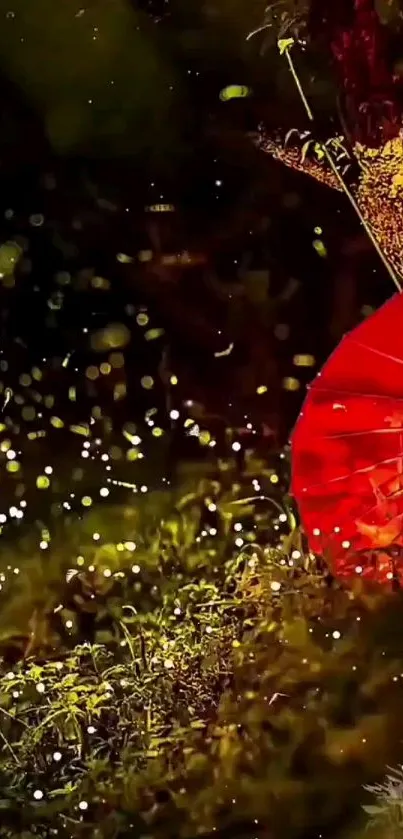 Red lantern in a glowing night scene with fireflies and greenery.