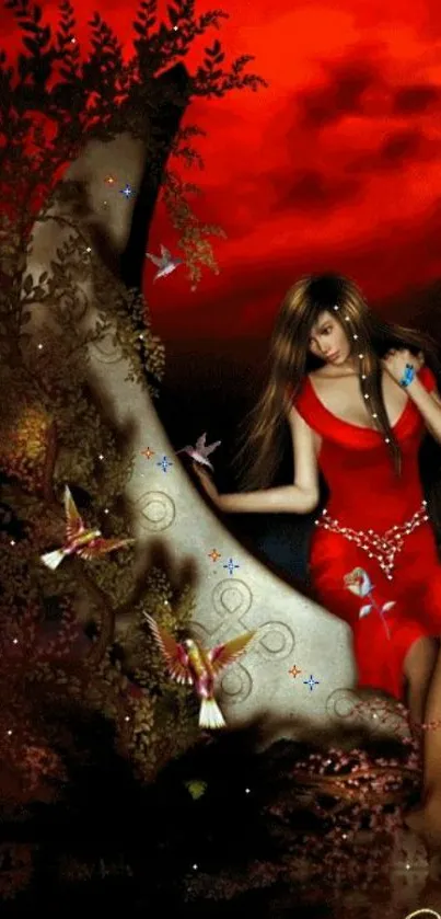 Fantasy art of a woman in red under a mystical red moon.