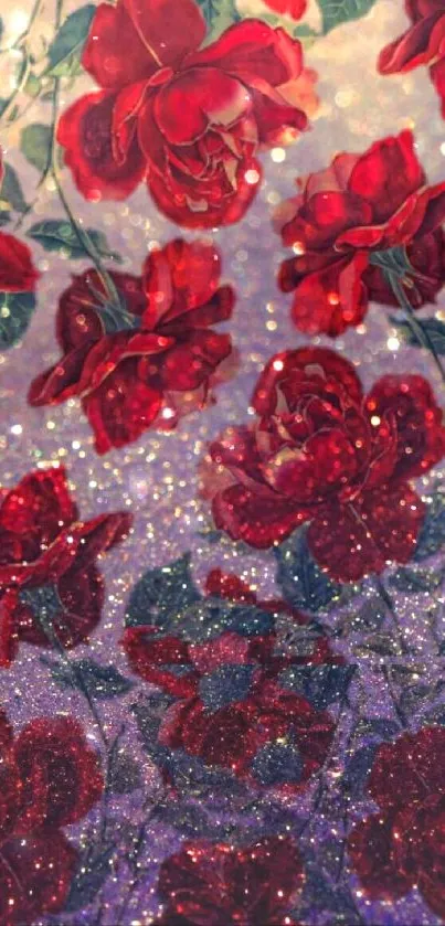 Enchanting wallpaper of red roses with shimmering effect.