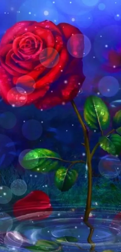 Vibrant red rose with lush green leaves and mystical blue background.