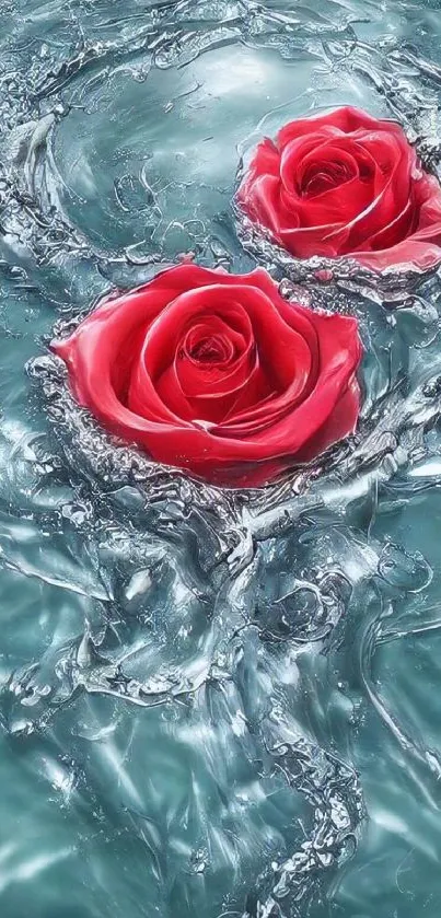 Red roses encircled by swirling water in artistic mobile wallpaper.