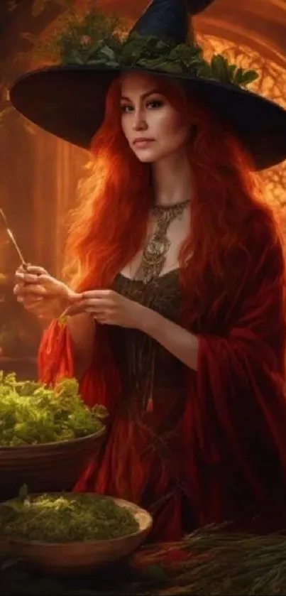 Redheaded witch preparing herbs in candle-lit, magical setting wallpaper.