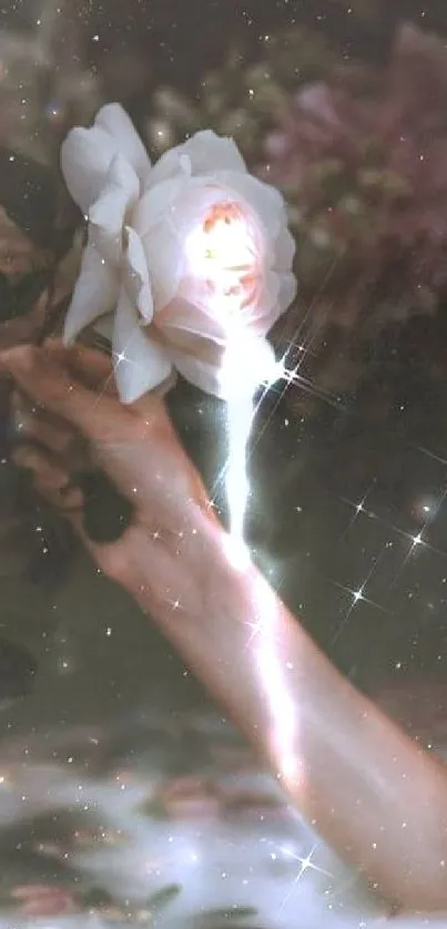 A hand holding a glowing rose with stars and pink floral background.