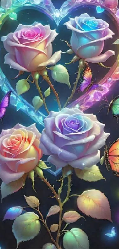 Enchanting roses and butterflies in vibrant colors on a mobile wallpaper.