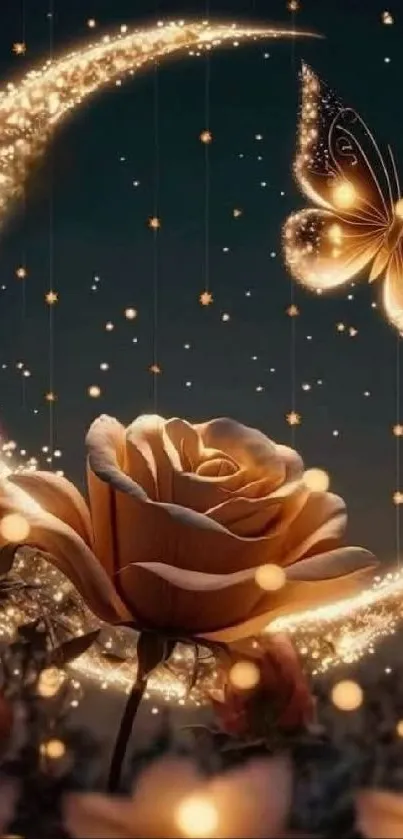 Golden rose under a crescent moon with sparkling butterfly and stars.