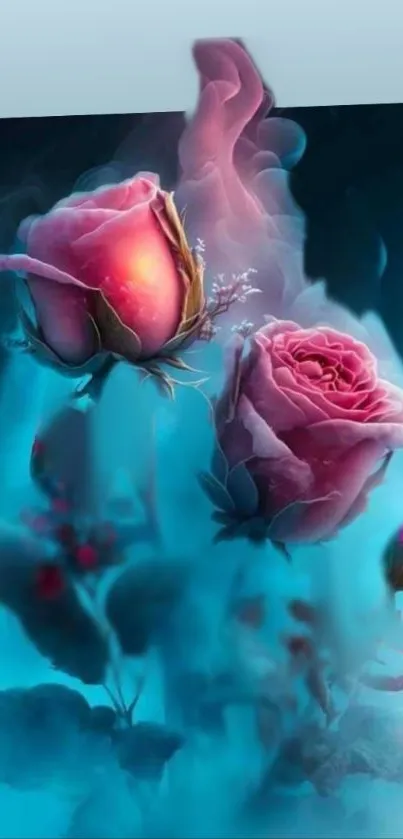 Vibrant pink roses on blue fantasy art wallpaper.