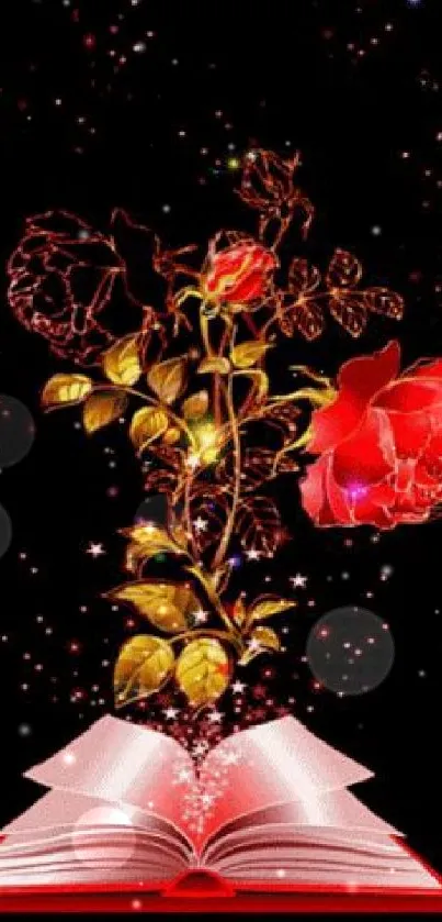 Vibrant red rose blooms from an open book on a dark background.