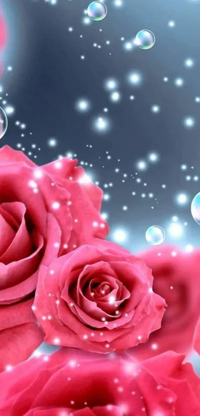 Vibrant pink roses with floating bubbles on a serene mobile wallpaper.