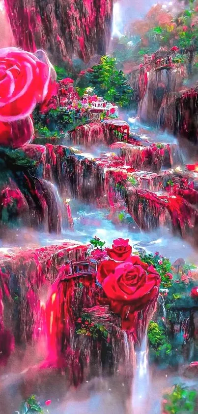 Fantasy canyon with giant red roses and misty waterfalls.