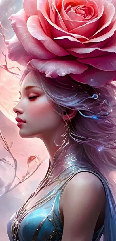 Side profile of a woman with a rose crown in an ethereal fantasy setting.