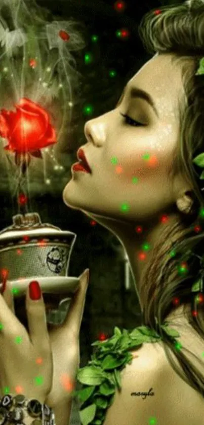 Mystical woman with red rose and green leaves in enchanting digital artwork.