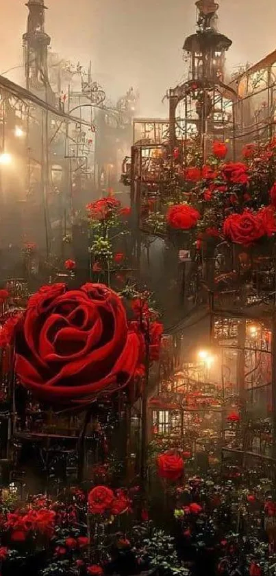 Mobile wallpaper with red roses in an artistic architectural setting.