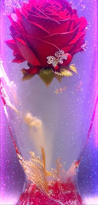 Red rose in glass with purple glow and butterflies.