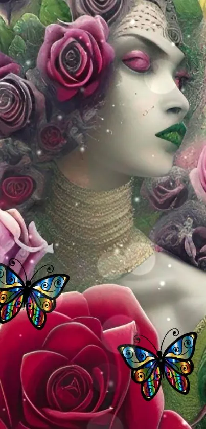 Fantasy goddess with roses and butterflies, in pink and green hues.