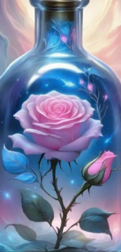 A pink rose glowing inside a bottle with a mystical, colorful background.