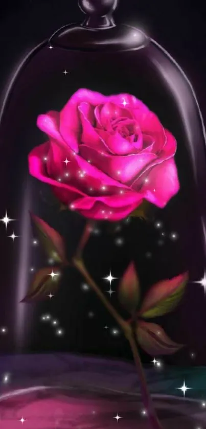 Enchanting pink rose inside a glass dome with sparkling stars.