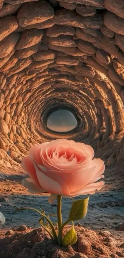 Rose blooming inside a stone tunnel.