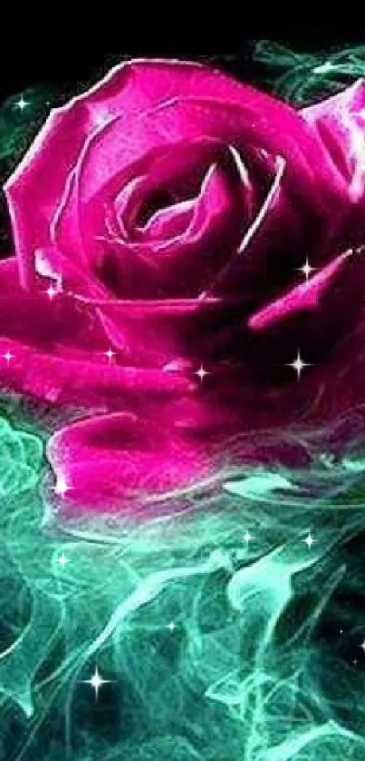 Pink rose with teal smoke on black background wallpaper.