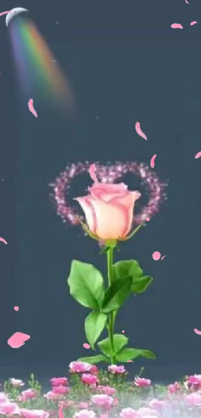 Pink rose with sparkling heart under moonlit dark blue sky.