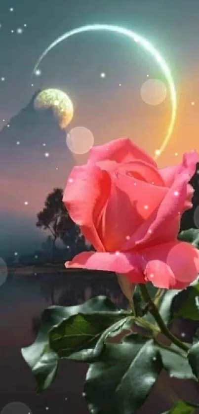 Vibrant pink rose against a lunar eclipse.