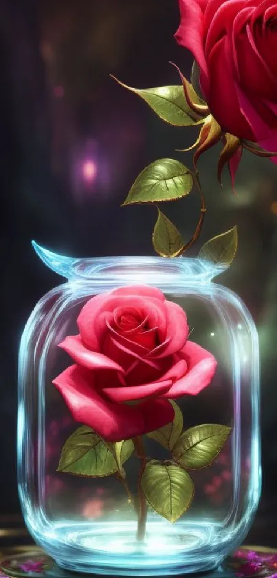 Beautiful red roses in a glass vase with a mystical background.