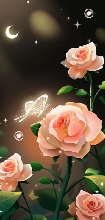 Glowing roses and butterfly under moon.