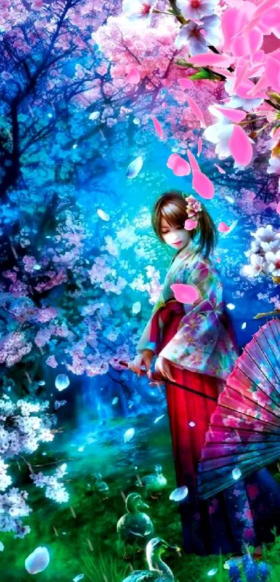 Mystical scene with kimono figure amid cherry blossoms and blue hues.