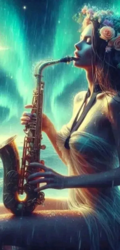 Woman with flower crown playing saxophone under aurora-lit sky.