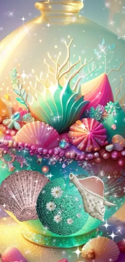 A mystical fantasy wallpaper with vibrant seashells in an underwater setting.