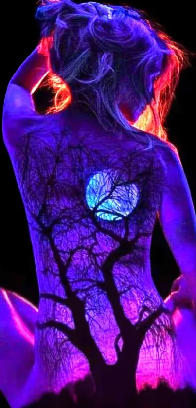 Silhouette with glowing tree design against a purple backdrop.