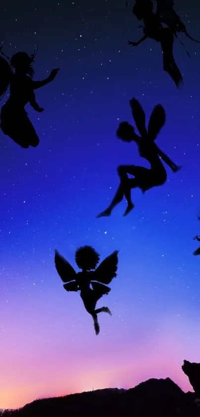 Silhouetted fairies dance in a gradient night sky, creating a magical mobile wallpaper.