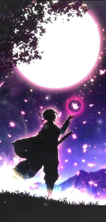 Silhouette of a boy under a moonlit, starry sky with purple and pink butterflies.