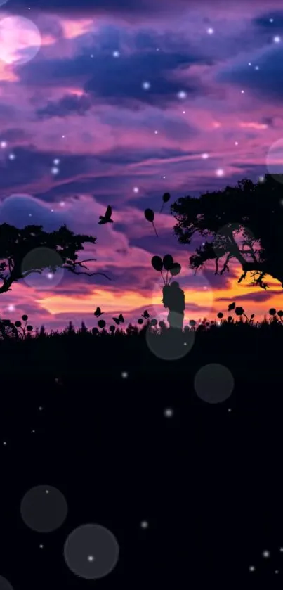 Silhouette of trees and person against a purple and pink sunset with stars.