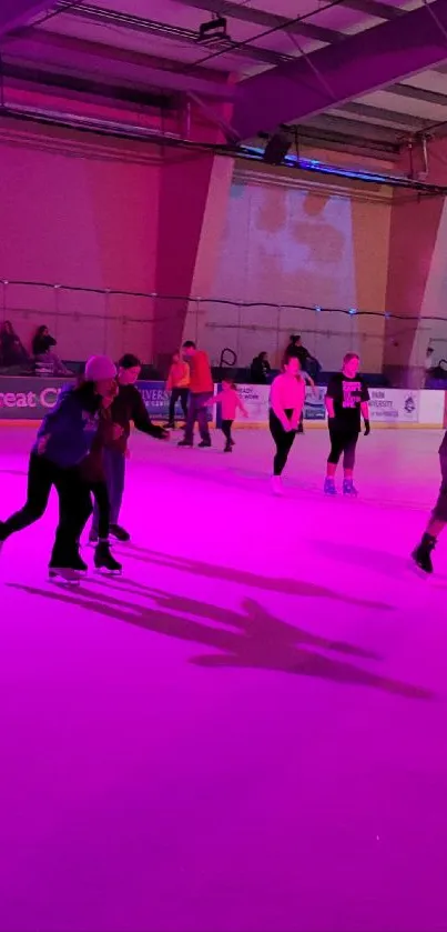 Neon-lit ice skating rink with vibrant purple lights and joyful skaters.