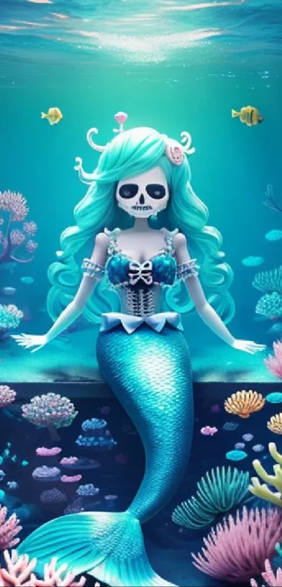 Skeleton mermaid with colorful coral in turquoise underwater setting.