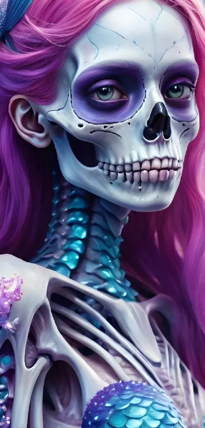 Vibrant skeleton mermaid fantasy art wallpaper with pink and blue hues.