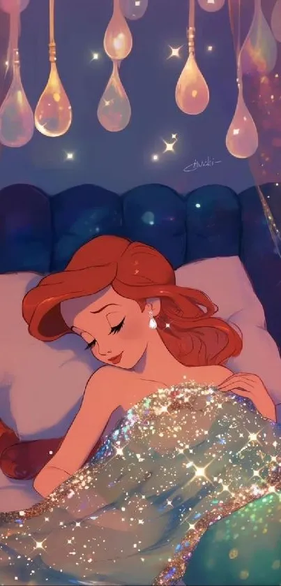 Whimsical artwork of a sleeping beauty under a starry cover.