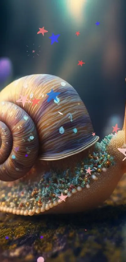 Enchanting fantasy snail in a magical woodland setting.