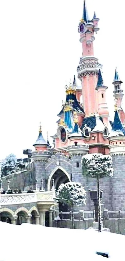 Snow-covered enchanting castle with spires and a fairytale look.