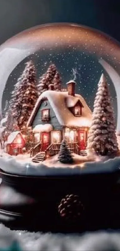 Snow globe with a cozy cabin and snowy trees, creating a winter wonderland.