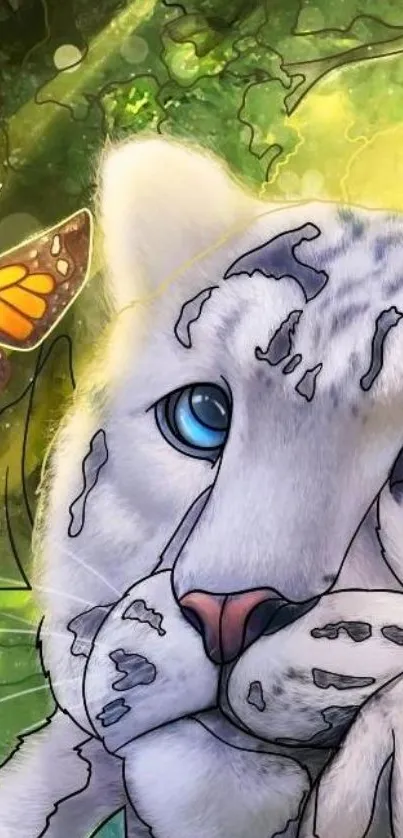 Illustration of snow leopard with butterfly in mystical forest setting.