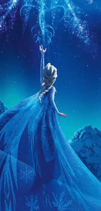 Enchanting snow queen in blue with a magical winter background.