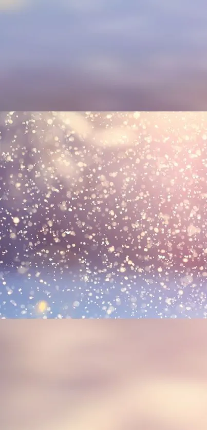 Peaceful mobile wallpaper with pastel snowfall and soft lavender hues.