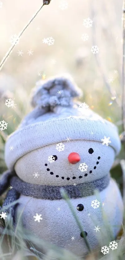 Cute snowman in frosty grass winter wallpaper.