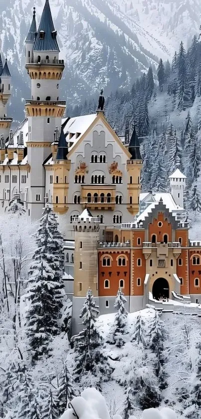 Enchanting snowy castle surrounded by winter forest.