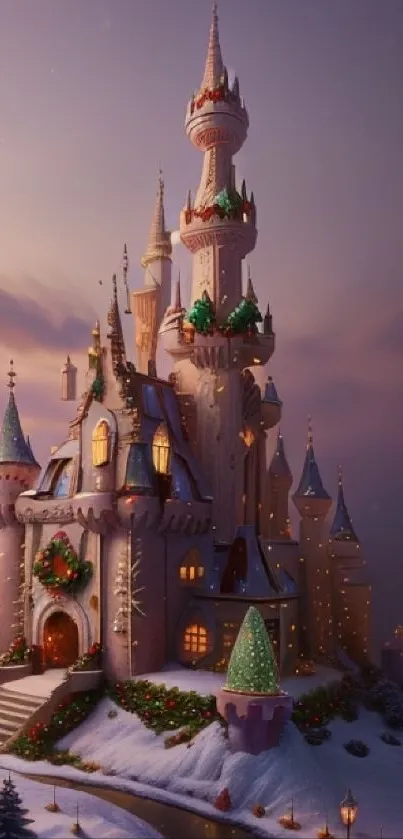 Snow-covered castle glowing at twilight, surrounded by a serene winter landscape.