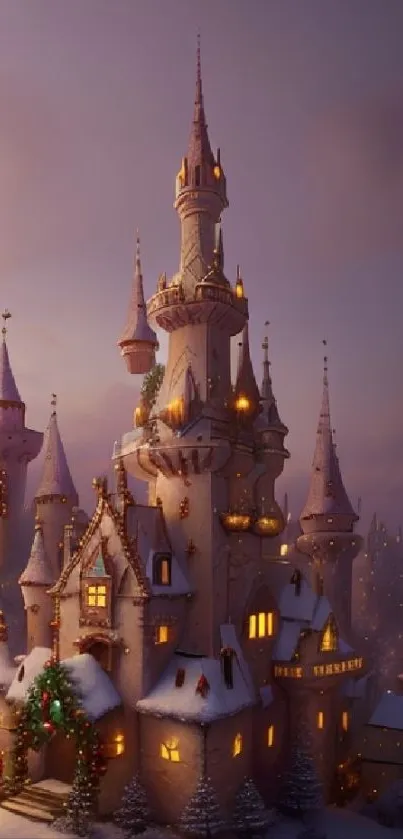 A magical castle illuminated with lights in a snowy landscape at dusk.