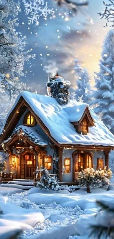 Snow-covered cottage in a winter wonderland setting with warm lights.